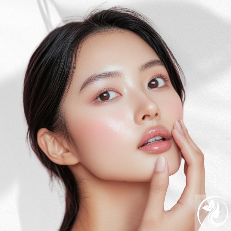 透明感のある美肌を持つ女性が頬に手を添える姿。足立区梅島AloHaが解説する、秋の肌荒れ・乾燥・くすみ対策とオメガ3不足による小顔ケア・栄養ケアの新常識