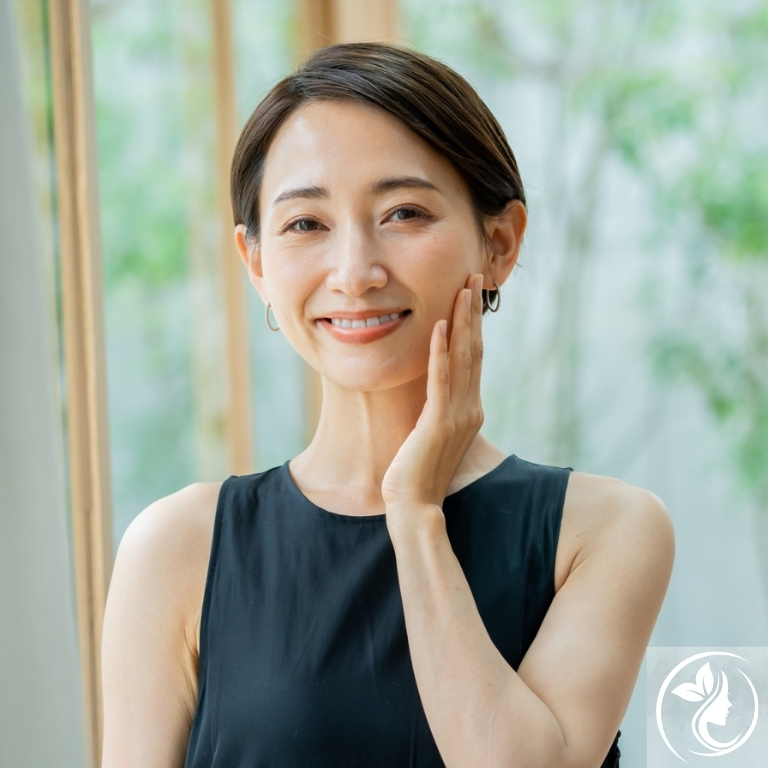 笑顔で頬に手を添える大人女性。マグネシウム不足による小顔の危機と老け顔予防、美容を守る新常識を足立区梅島AloHaが解説