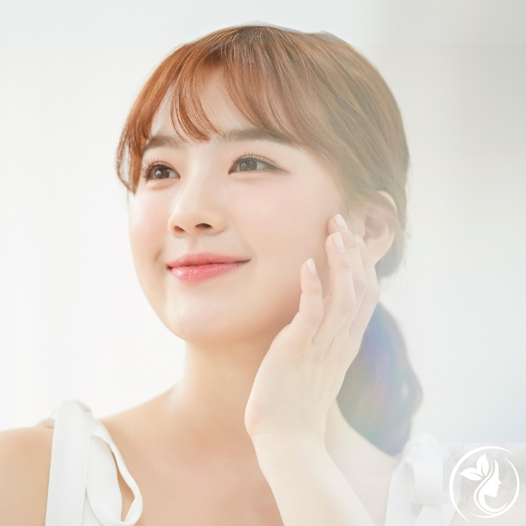 明るい表情の女性が微笑むアップ写真。透明感ある肌と整ったフェイスラインが、30代からの若見え小顔ケアやアンチエイジングのイメージを表現